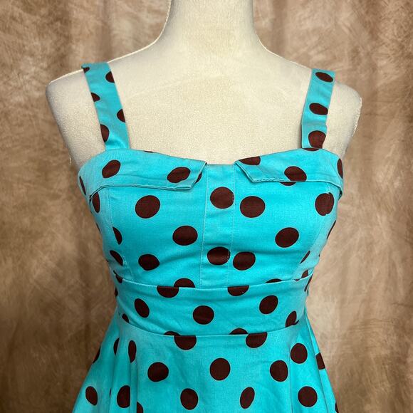 Vintage Y2K IXIA Polka Dot Rockabilly Mini Swing Dress Fit & Flare Blue Mod Twee - Picture 4 of 7